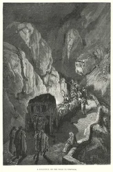 Een diligence op de weg naar Granada (gravure)