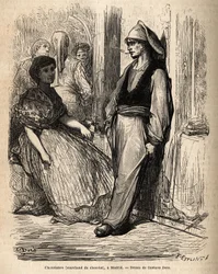 Een chocoladedealer in de open lucht, schets op de levendig genomen in Madrid. Gravure door Gustave Dore (1832-1883) ter illustratie van zijn reis naar Spanje, met Ch. Davillier (redacteur), in 1862, gepubliceerd in 