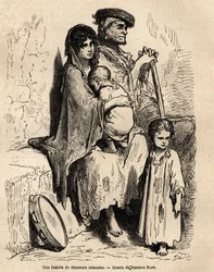 Een familie van nomadische dansers rustend in de straten van Sevilla. Schets gemaakt door Gustave Doré (1832-1883). Gravure ter illustratie van de reis in Spanje, in 1862 door Charles Davillier en Gustave Doré, in 