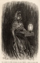 Een verkoopster van waslucifers, schets naar het leven in de Puerta del Sol, in Madrid. Gravure door Gustave Dore (1832-1883) ter illustratie van zijn reis naar Spanje, met Ch. Davillier (redacteur), in 1862, gepubliceerd in 