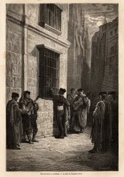 Een serenade in het maanlicht, in de straten van Cordoba, de minnaar, gitaar in de hand, spreekt zachtjes tegen zijn verloofde door een tralieraam, reciteert gedichten of zingt een lied voor haar. Tekening door Gustave Dore (1832-1883). Gravure ter illustr