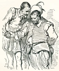 Na een originele tekening van Gustave Dore van Don Quichot en Sancho Panza uit Leven en Herinneringen van Gustave Dore, gepubliceerd 1885