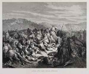 Achab vecht tegen de Assyriërs in de Slag bij Qarqar, Illustratie uit de Dore Bijbel