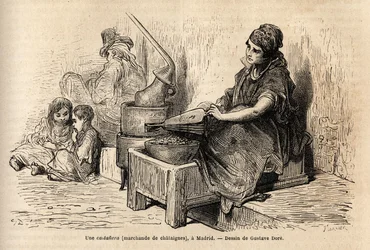 Een kastanjehandelaar in de open lucht, met haar draagbare oven, schets op de levendige in de Puerta del Sol, in Madrid. Gravure door Gustave Doré (1832-1883) ter illustratie van zijn reis naar Spanje, met Ch. Davillier (redacteur), in 1862, gepubliceerd i