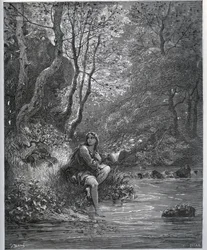 Verschijning van Dorothee in boerenkleding - uit "Don Quichot de la Mancha" door Miguel Cervantes (1547-1616) - Houtsnede naar tekening van Gustave Dore