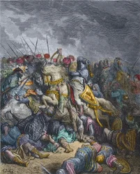 Slag bij Arsur - Richard I Leeuwenhart, koning van Engeland die deelnam aan de 3e Kruistocht - Richard Leeuwenhart in de Slag bij Arsuf, Derde Kruistocht, gravure door Gustave Dore - uit Geschiedenis van de Kruistochten door Joseph-Francois Michaud