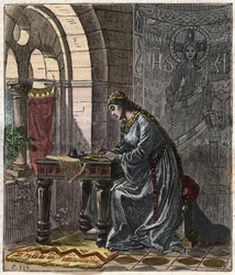 Bertrade van Montfort (1070-1117) Koningin van Frankrijk (vrouw van Filips I Koning van Frankrijk) in Fontevrault - Gravure door Gustave Doré uit de 19e eeuw in 