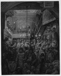 Billingsgate - Verkoop van vis op de veiling. Illustratie voor Londen door Louis Enault geïllustreerd door Gustave Dore