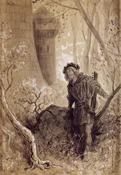 Blondel hoort de stem van Richard Leeuwenhart, illustratie voor Gargantua en Pantagruel door François Rabelais, gravure door Gustave Doré