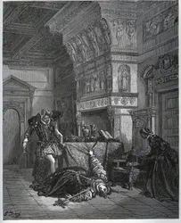 Camille veinzt zelfmoord voor in aanwezigheid van Lothaire en Leonella - uit „Don Quixote de la Mancha“ van Miguel Cervantes (1547-1616) („Don Quixote“) - houtsnede naar een tekening van Gustave Doré