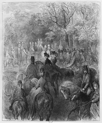 Koetsen en ruiters in Hyde Park, illustratie uit 