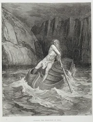 Charon, de veerman van de hel, uit De Goddelijke Komedie (Inferno) door Dante Alighieri gegraveerd door Stephane Pannemaker