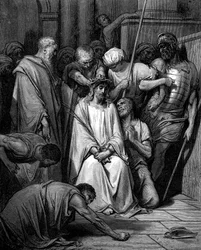 Christus bespot en de doornenkroon op zijn hoofd geplaatst