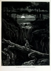 Croque-Mitaine; 1863 illustratie, door Gustave Dore (1832-1883); Franse kunstenaar, graveur, illustrator. Croque-Mitaine (De boeman) een kwaadaardig personage gepresenteerd aan kinderen om hen bang te maken en zo wijzer te maken.