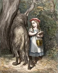 Bij het doorkruisen van het bos ontmoet Roodkapje de wolf. Gravure van Gustave Doré (1832-1883) uit „De vertellingen“ van Charles Perrault (1628-1703)