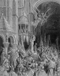 Dandolo predikt de kruistocht in de kerk van San Marco in Venetië - gravure door Gustave Doré