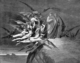 Dante en Virgil belaagd door demonen tijdens hun passage door de achtste cirkel. Illustratie (1861) door Gustave Dore voor Dante Inferno, Canto XXI. Houtsnede