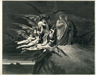 Dante en Virgil tegenover de demonen. Gravure uit De Hel van Dante Alighieri (de Goddelijke Komedie) geïllustreerd door Gustave Dore. Franse editie van 1861. “... Nessun di voi sia fello! (Laat niemand van jullie opstandig zijn!)”, zang 21, v. 72.