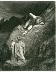 Dante en Vergilius ontmoeten de Minotaurus. Gravure uit De Hel van Dante Alighieri (de Goddelijke Komedie) geïllustreerd door Gustave Doré. Franse editie van 1861.