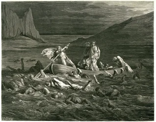 Dante en Virgil zeilen, geleid door de Nocher Phlegyas, op de Styx waarin verdoemden waden, die proberen in de boot te klimmen. Gravure uit De Hel door Dante Alighieri (de Goddelijke Komedie) geïllustreerd door Gustave Dore. Franse editie van 1861.