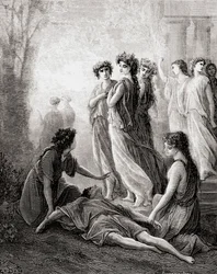 Daphnis en Alcimadure, uit een late 19e-eeuwse editie van Fables de La Fontaine (houtsnede)
