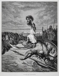 David doodt Goliath, illustratie uit de Bijbel van Doré