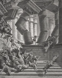 De dood van Samson, Rechters 26:28-30, illustratie uit Dore