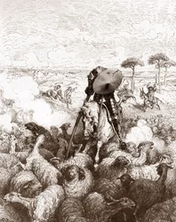 Don Quichot valt de kudde schapen aan. Gravure door Gustave Doré voor 