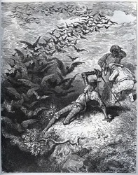 Don Quichot in de grot van Montesinos - Een oneindig aantal kraaien en roeken vliegen uit de grot van Montesinos en slaan Don Quichot tegen de grond (II, 22) - uit 