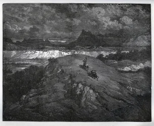 Don Quichot en Sancho Panza vervolgen hun avonturen in een bergachtig gebied, Sierra Morena - uit "Don Quichot de la Mancha" door Miguel Cervantes (1547-1616) - Houtsnede naar tekening van Gustave Dore
