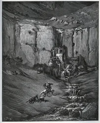 Don Quichot en Sancho Panza ontdekken wat hun bezorgdheid veroorzaakte, een waterval en een molen - uit 