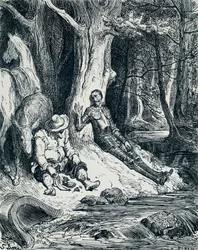 Don Quichot en Sancho Panza in illustratie, door Gustave Doré (1832-1883) voor Don Quichot, door Miguel de Cervantes Saavedra (1547-1616)