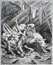 Don Quichot en een muilezelmaker vechten om Maritornes, de huishoudster, die Don Quichot aanziet voor zijn Dulcinea - uit 