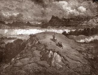 Don Quichot en Sancho Panza naderen de Sierra Morena. Gravure door Gustave Doré voor 