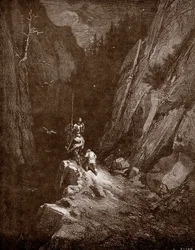 Don Quichot en Sancho Panza in het hart van de Sierra Morena Gravure door Gustave Doré voor 