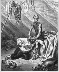 Don Quichot laat Sancho Panza zijn kostbare balsem proeven om hen beiden van alle kwalen te genezen - uit "Don Quichot van La Mancha" van Miguel Cervantes