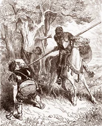 Don Quichot bedreigt de boer die de herdersjongen sloeg (Gravure door Gustave Doré voor 
