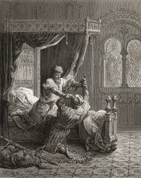 Eduard I (1239-1307) van Engeland doodt zijn beoogde moordenaar in juni 1272, illustratie uit «Bibliothèque des Croisades» van J.-F. Michaud, 1877