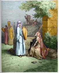 Eliezer en Rebekka - Eliezer, de dienaar van Abraham, krijgt een beker water aangeboden door Rebekka - Eliezer en Rebekka - gravure in 