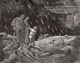 Gravure door Gustave Dore 1832-1883 Franse kunstenaar en illustrator voor Inferno door Dante Alighieri Canto XV regels 28 en 29