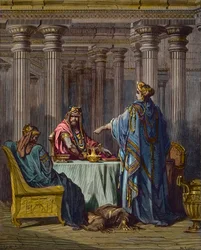 Esther beschuldigt Haman - Bijbelse scènes, Esther en Haman, houtsnede door Gustave Doré - later ingekleurd