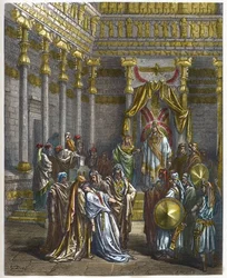 Esther valt flauw voor de eerste koning van Perzië, Ahasveros - Koningin Esther valt flauw voor koning Ahasveros - gravure in „De geïllustreerde Bijbel” van Gustave Doré (1832-1883) - gravure uit „De Doré-bijbel”