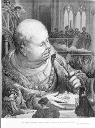 Uittreksel uit Gargantua (1534) door François Rabelais: En, de hommel trekkend, verwijderden ze samen de pelgrim en aten hem zeer goed op. Gravure door Gustave Doré