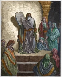 Ezra de Schriftgeleerde leest de Wet voor aan het volk - gravure in 