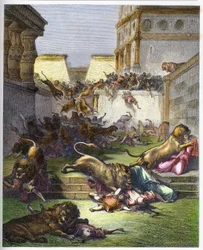 Vreemdelingen verslonden door leeuwen in Samaria - Oude Testament. Mensen verslonden door leeuwen in Samaria - gravure in 