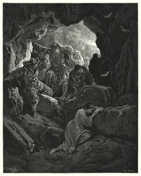 Don Quichot van Gustave Doré: "Een groep met officieren wordt uitgezonden ... die de arme verliefde Leandra in een grot van een van de bergen vinden"