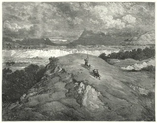 Het was nacht voordat onze twee reizigers het meest verlaten deel van de berg bereikten (gravure)