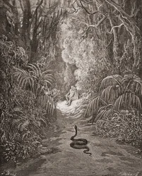 Illustratie door Gustave Dore 1832-1883 Franse kunstenaar en illustrator voor Paradise Lost door John Milton Boek IX regels 434 en 435