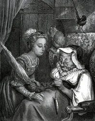 Illustratie door Gustave Doré voor een verhaal van Charles Perrault: Doornroosje. De prinses gaat zichzelf steken aan de distel van een oude vrouw die wegloopt in het spinnewiel.