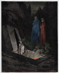 Inferno, Canto 10: Farinata degli Uberti spreekt Dante toe, illustratie uit "De Goddelijke Komedie" door Dante Alighieri, 1885